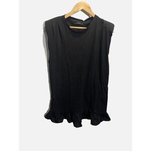 DÈLUC Maya Dress Womens Large Black Padded Shoulder Ruffle Hem Mini Shift 8692D